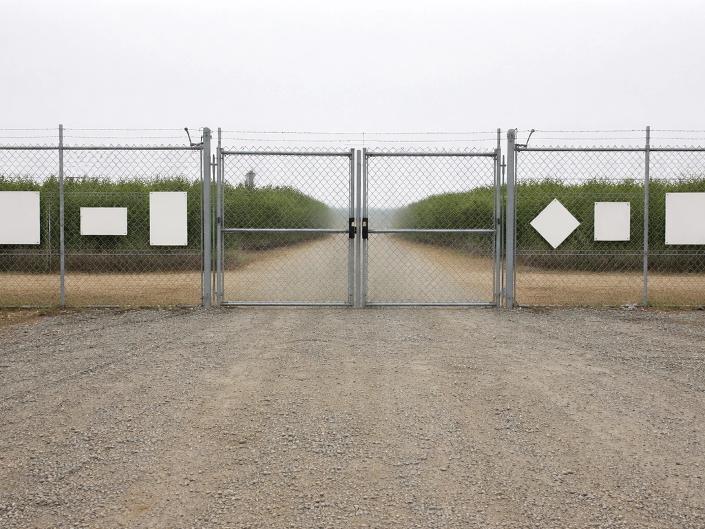 Controlled-access gate at a commercial grow facility perimeter with compliant signage mounted along the fence line.