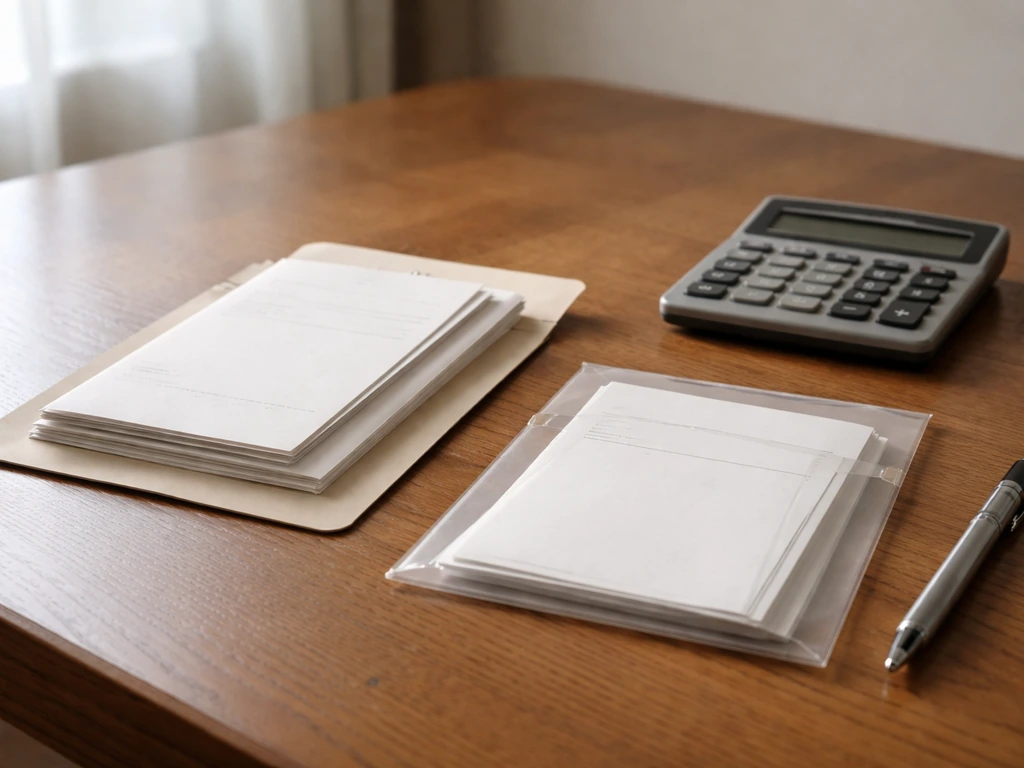 Close-up of blank receipts and documents on a desk with a pen and calculator, suggesting licensing costs.