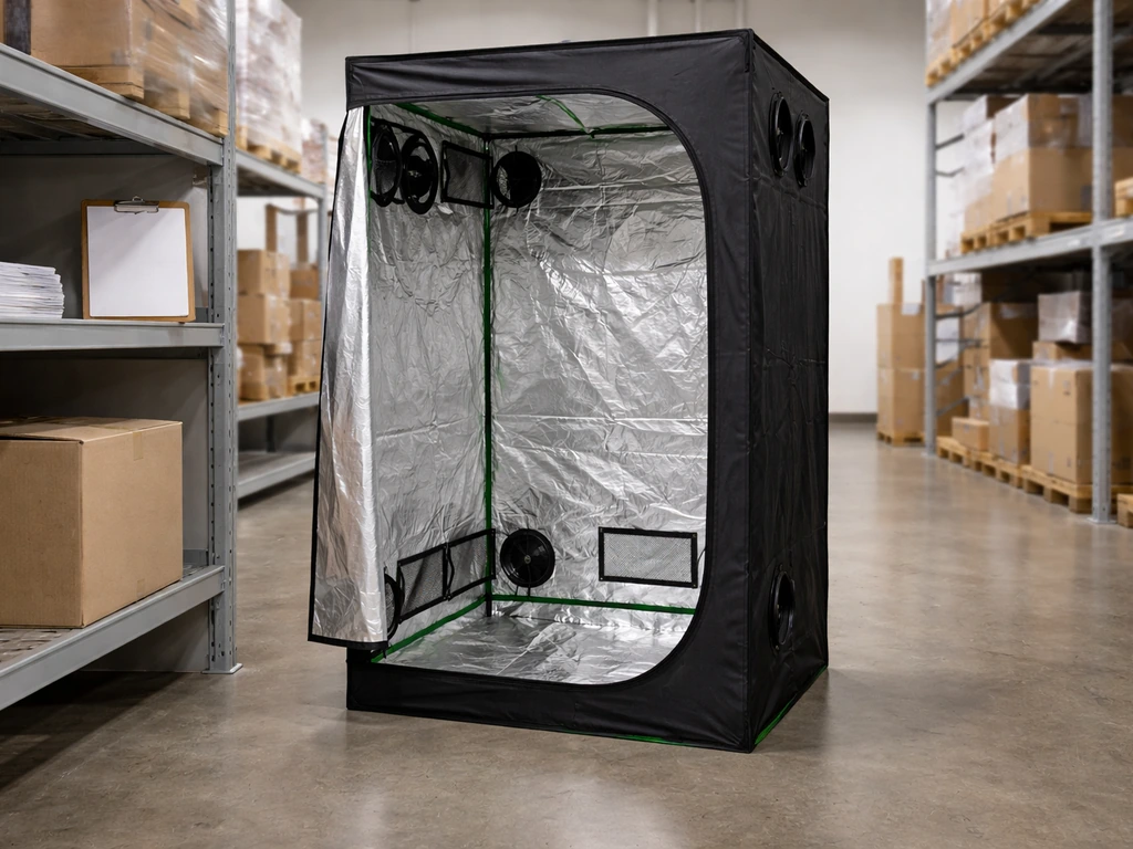 Empty grow tent in a clean warehouse aisle with blank documents on a shelf, no people.