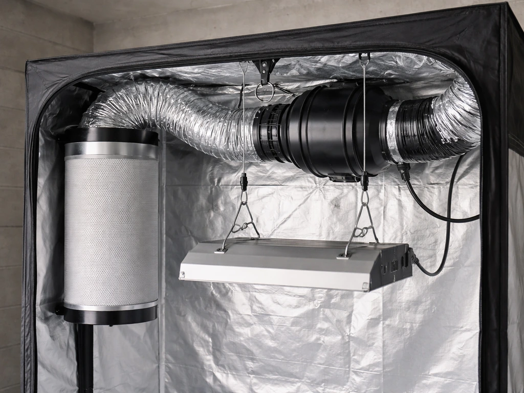 Close-up of indoor grow tent components—ducting, light hangers, and carbon filter—clean and cannabis-free.