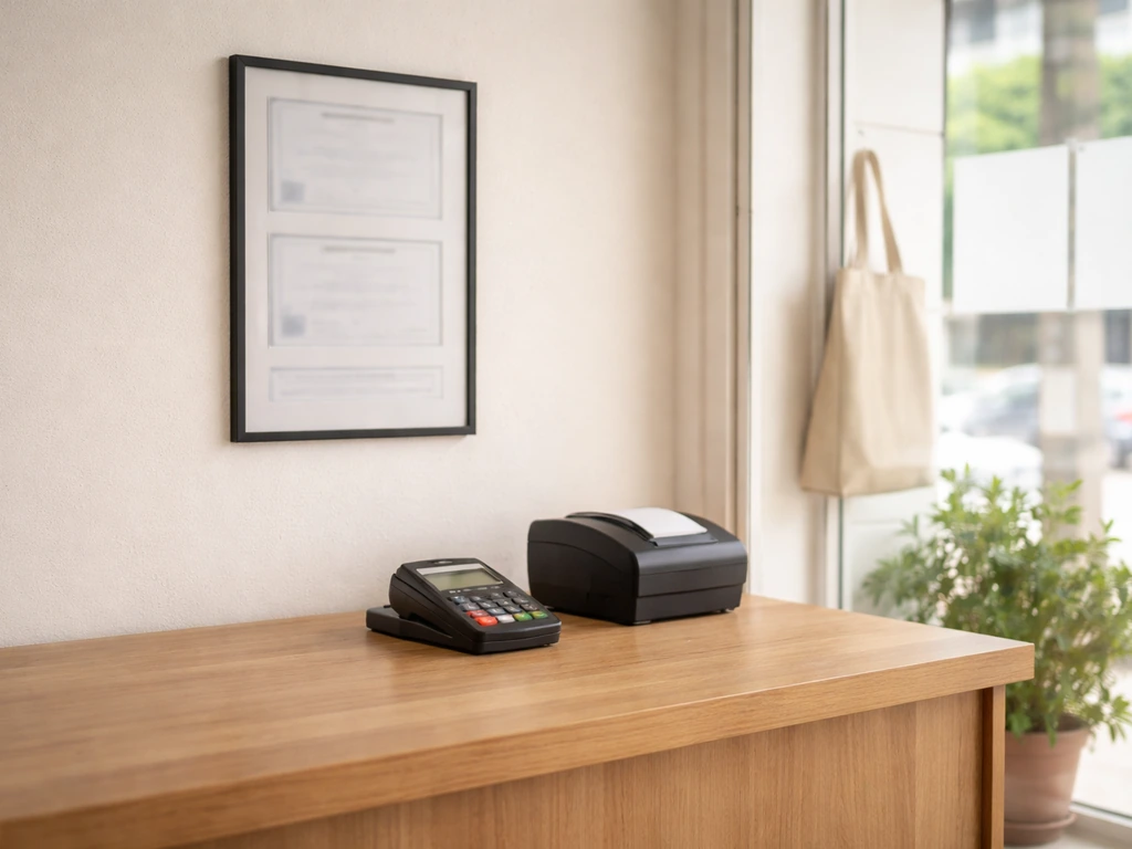 Quiet storefront checkout counter with a business license display and plain retail signage, no cannabis branding.
