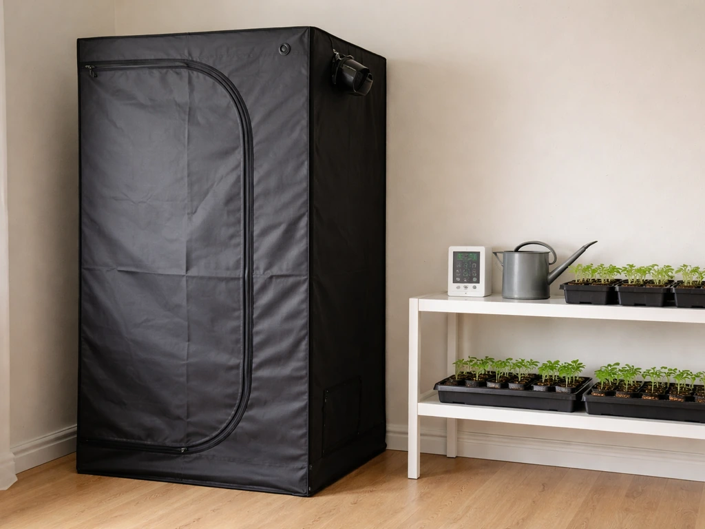 Light-proof grow tent with a humidity sensor and seedling trays in a clean indoor space.