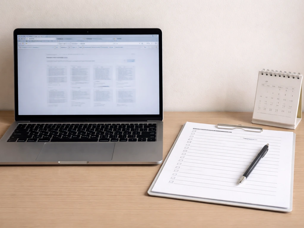 Minimal desk setup with a printed compliance checklist, laptop tabs, and a calendar reminder for first-payment prep.