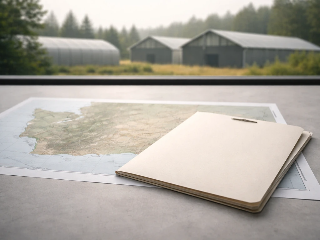 Minimal tabletop scene with a Washington map, blank license-style document, and cultivation facility silhouettes.
