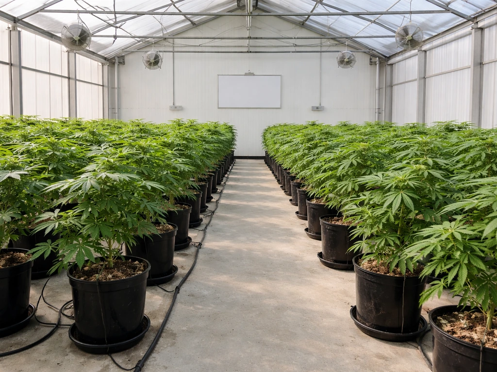 Well-lit cannabis greenhouse grow room with orderly plants and generic compliance signage area, no readable text.