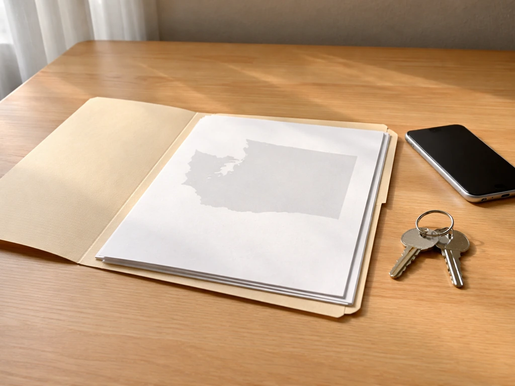 Document folder with blank paperwork, keys, and a simple unlabeled Washington-state map overlay.