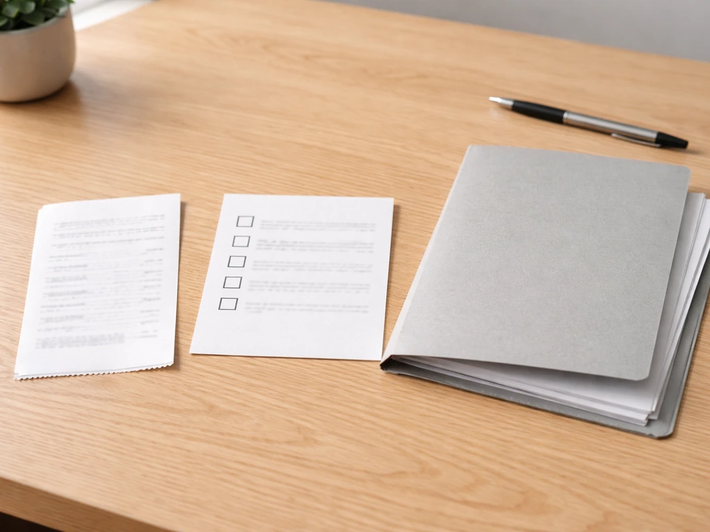 Light-wood desk with unreadable receipt paper, blank checklist card, and open licensing folder.