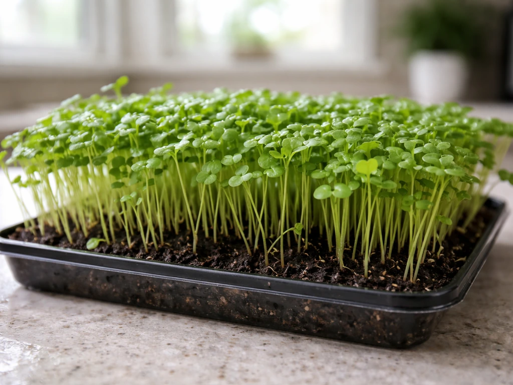 Close-up of a microgreens tray with tender green sprouts on a kitchen counter in natural light.