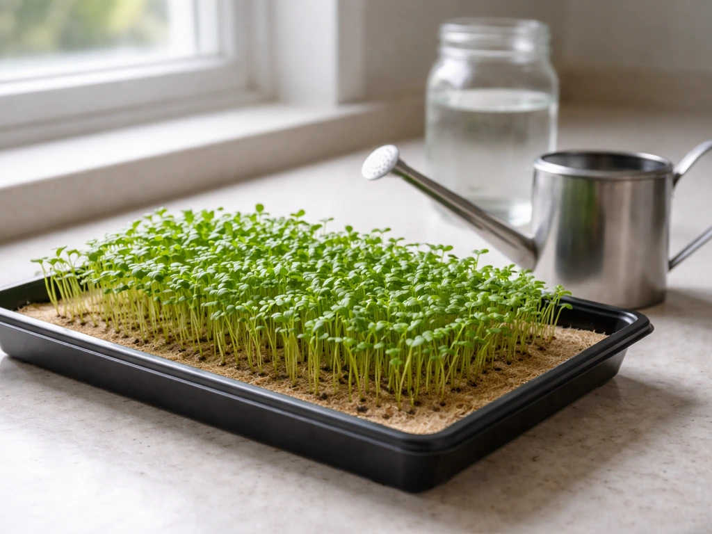 At-home microgreens in a shallow tray on a kitchen counter with watering and fresh seedlings.