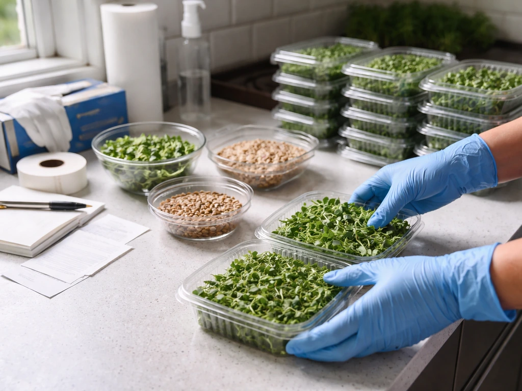 Gloved hands staging microgreens in a sanitized home kitchen with containers and prep supplies