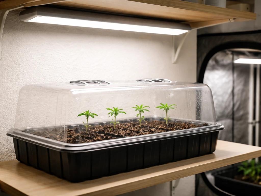 Young cannabis seedlings in a simple clear tray under soft grow lights in a small indoor setup.