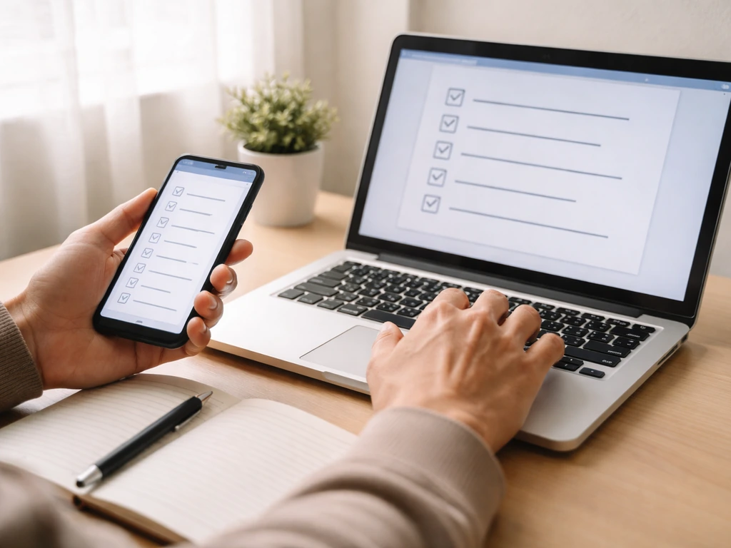 Anonymous hands using phone and laptop to compare a generic checklist of local state and city rules.