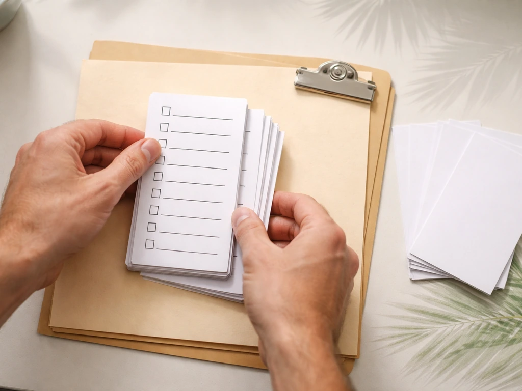 Hands placing checklists onto an application folder with a document clip and blank stage cards on a desk
