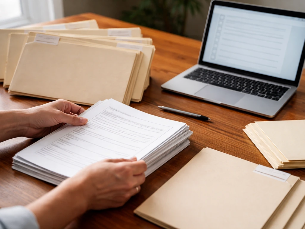 Close-up of binders, forms, and a laptop as someone organizes an application package on a table