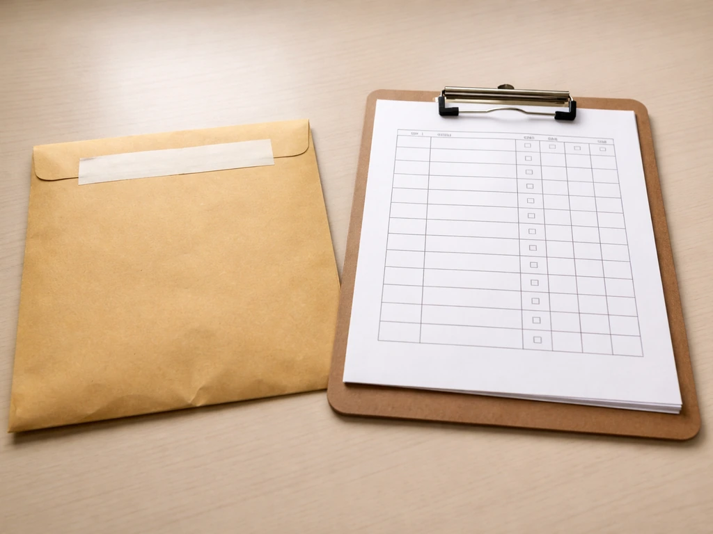 Sealed submission envelope beside a blank score sheet on a clipboard, symbolizing evaluation after the deadline.