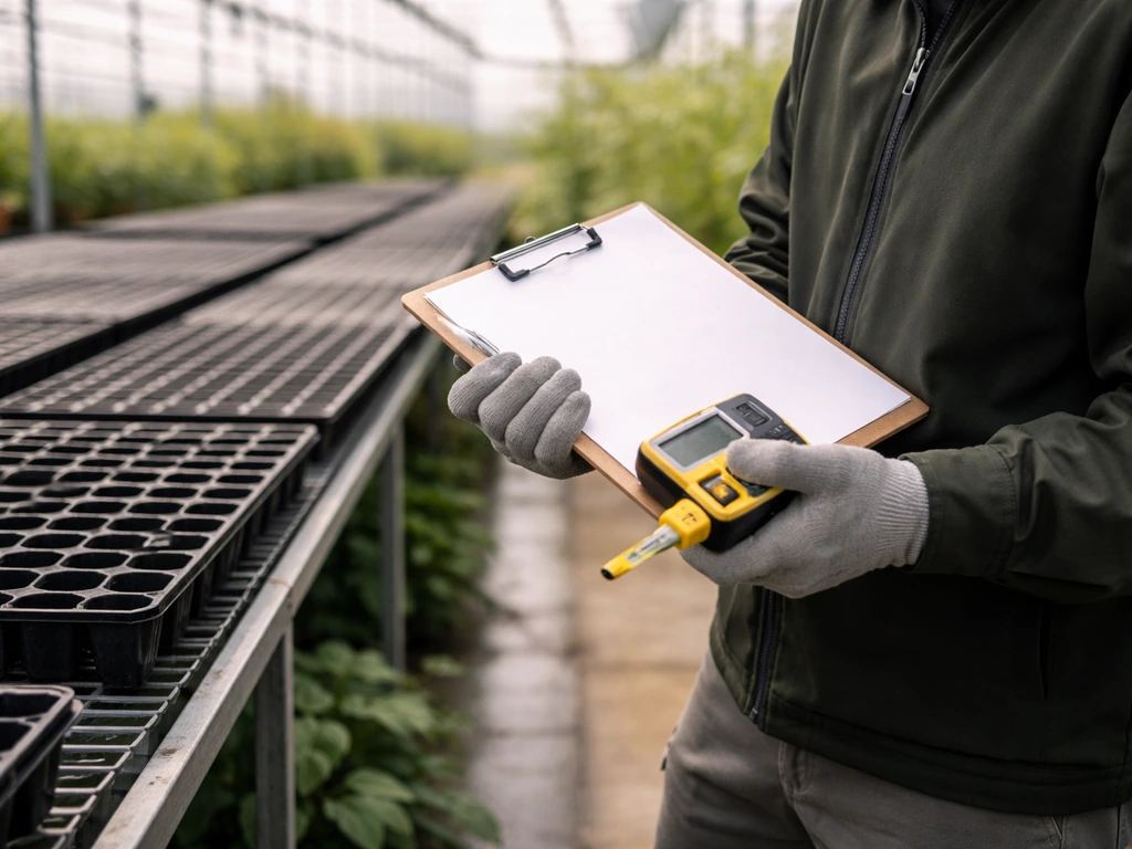 Inspector clipboard and measuring tools next to greenhouse benches during a readiness walkthrough.