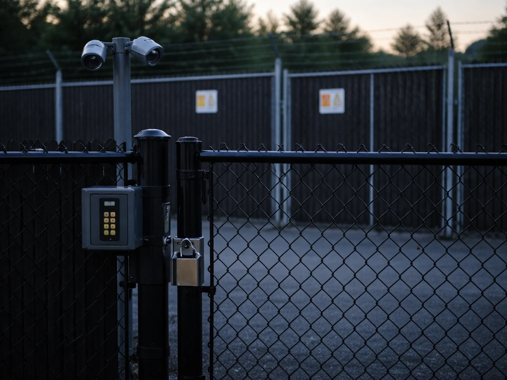 Secure facility entrance with locked gate, keypad, CCTV cameras, and discreet warning signage
