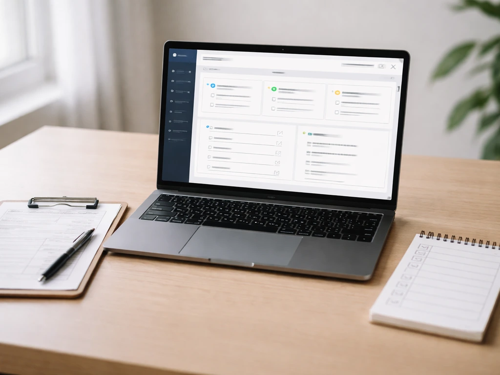 Laptop showing a generic compliance dashboard with a clipboard and blank operations log on a desk.