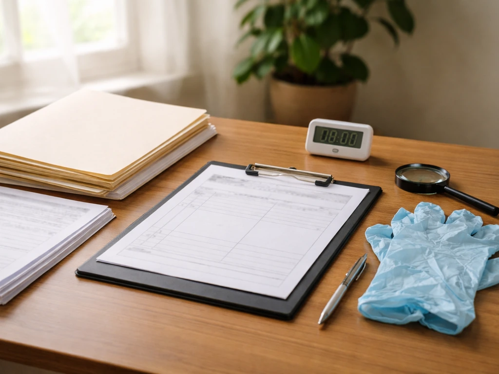 Close-up of cannabis licensing forms and compliance tools on a clean desk in natural light.