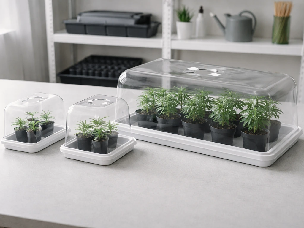 Three small, medium, and large unlabeled canopy models with differing numbers of green potted plants on a table.