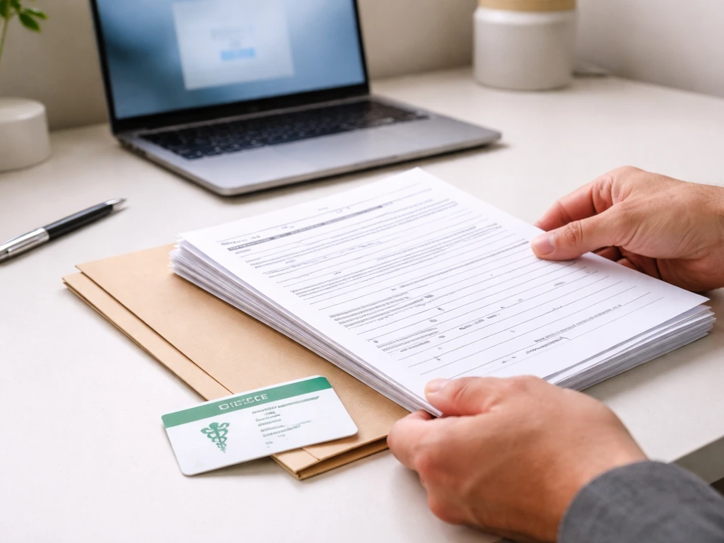 Hands placing a medical grow registration form beside an OMMP-style card on a desk near a laptop sign-in screen