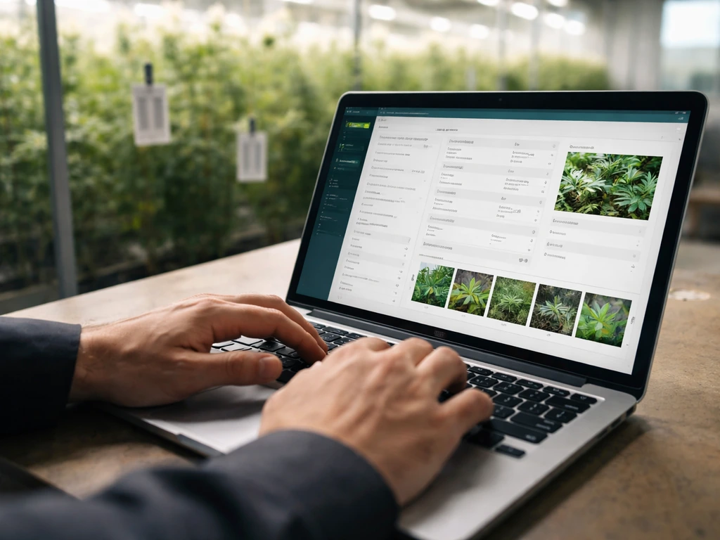Close-up of hands using a laptop to review Metrc-style cannabis tracking while blurred grow-room plants sit behind.