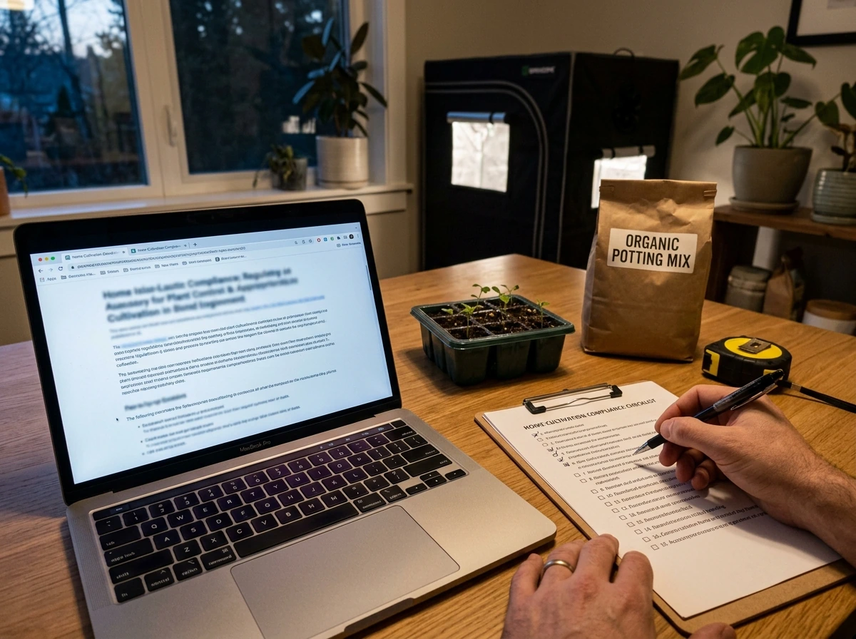 Tabletop compliance checklist for legal home cannabis growing with grow supplies and a laptop.