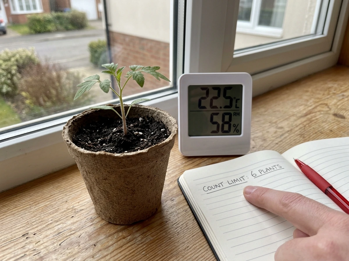 Seedling on a windowsill with tools and a notebook showing a capped plant-limit idea.