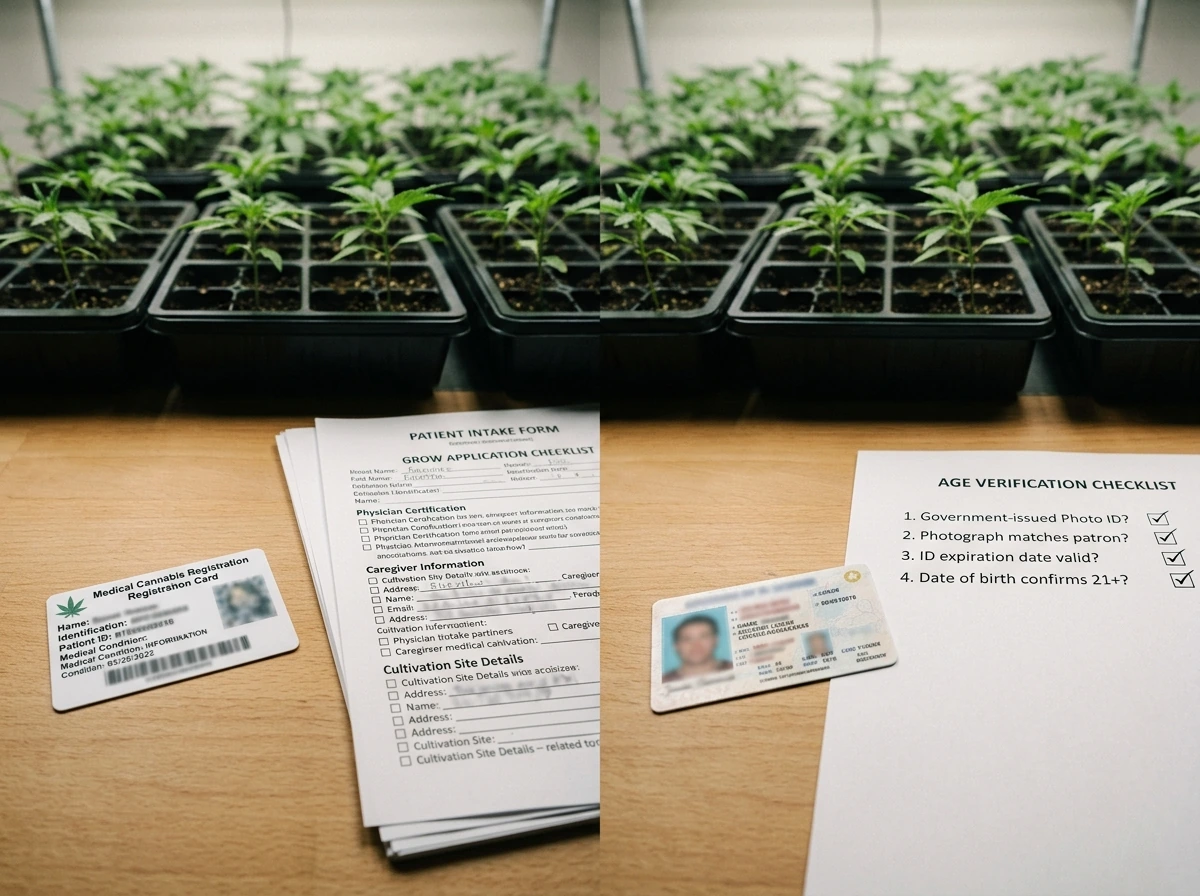Side-by-side medical vs recreational home grow paperwork with blurred IDs and card.