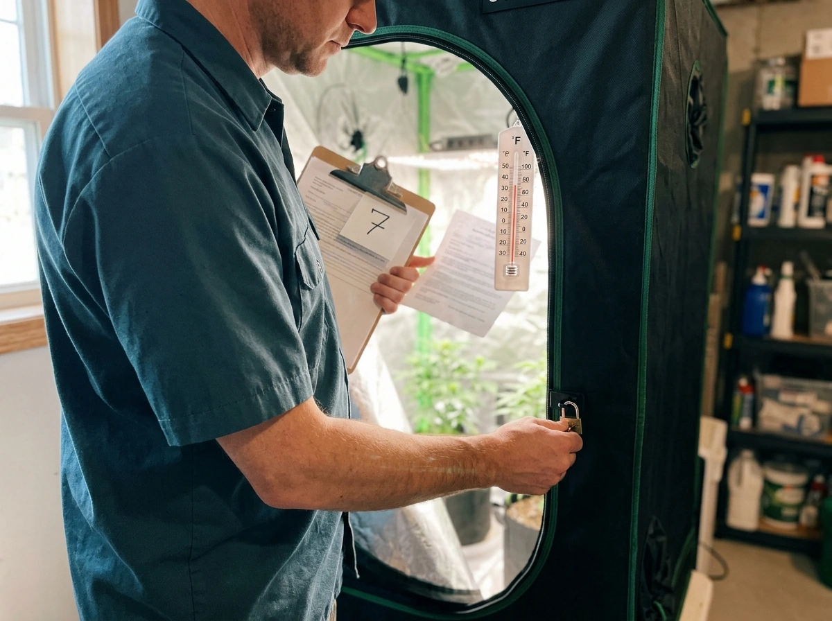 Medical authorization blurred while locking a small grow enclosure and checking plant limits.