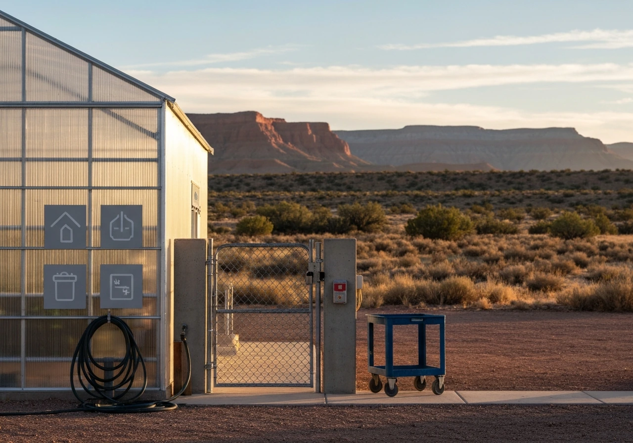 Empty cannabis greenhouse near red mesas in New Mexico, with gate and hoses in minimal scene