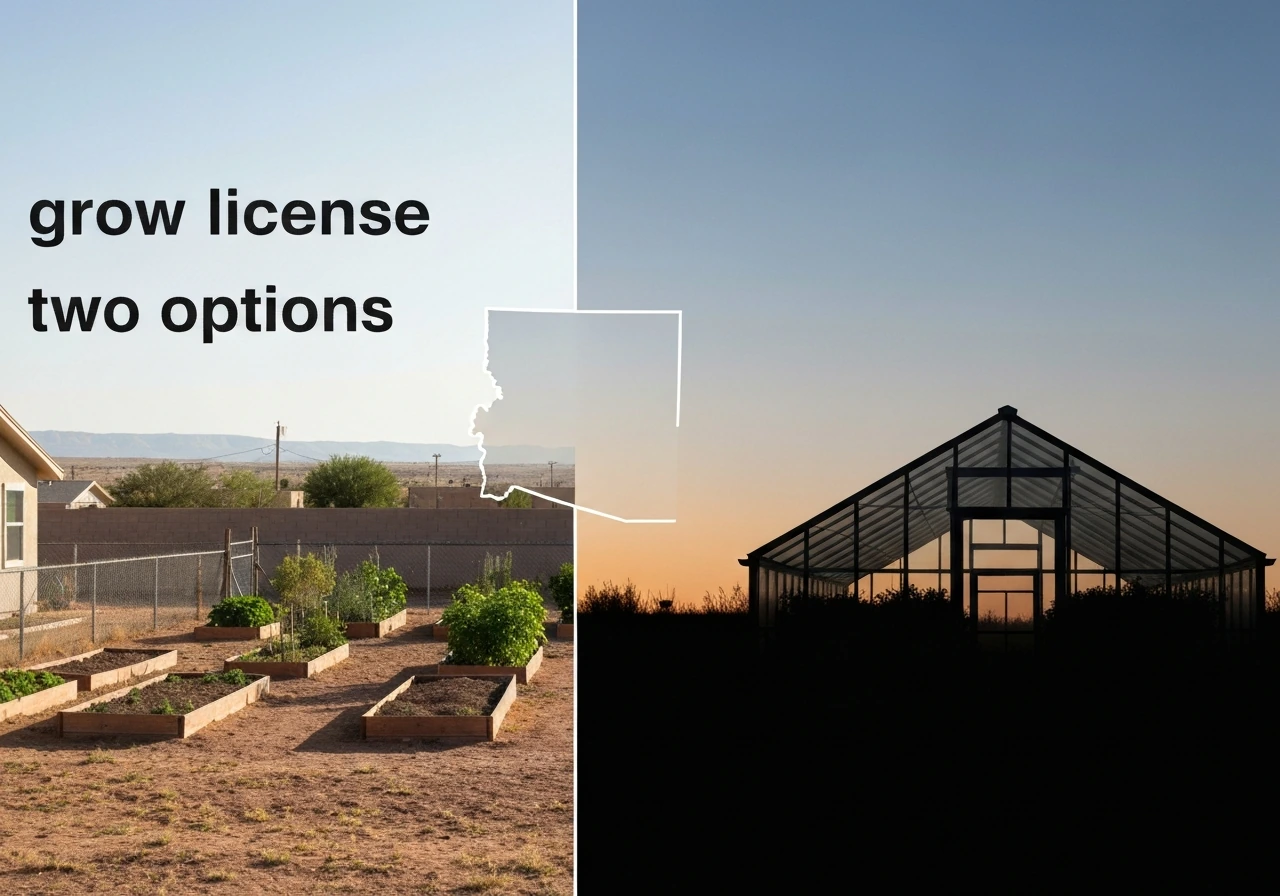 Split desert scene: backyard garden on left and commercial greenhouse on right, with subtle New Mexico outline.