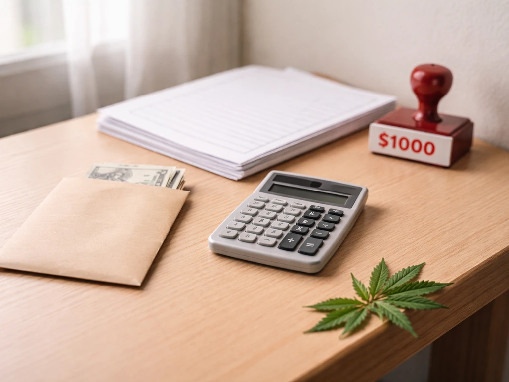 Minimal desk scene with calculator and envelope showing a stamped $1000 fee context for a cannabis license.
