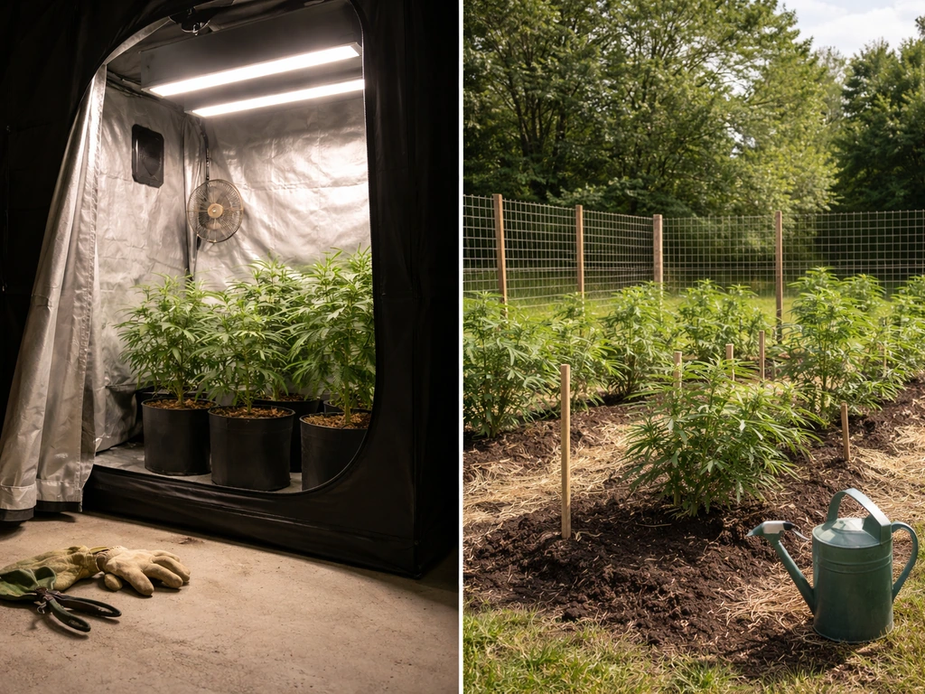 Minimal photo-style scene showing two separate cannabis cultivation license pathways in Missouri, split side-by-side.