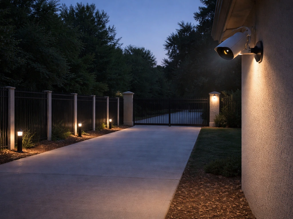 Dusk exterior security scene with wall camera and bright perimeter lights along a gate and walkway.