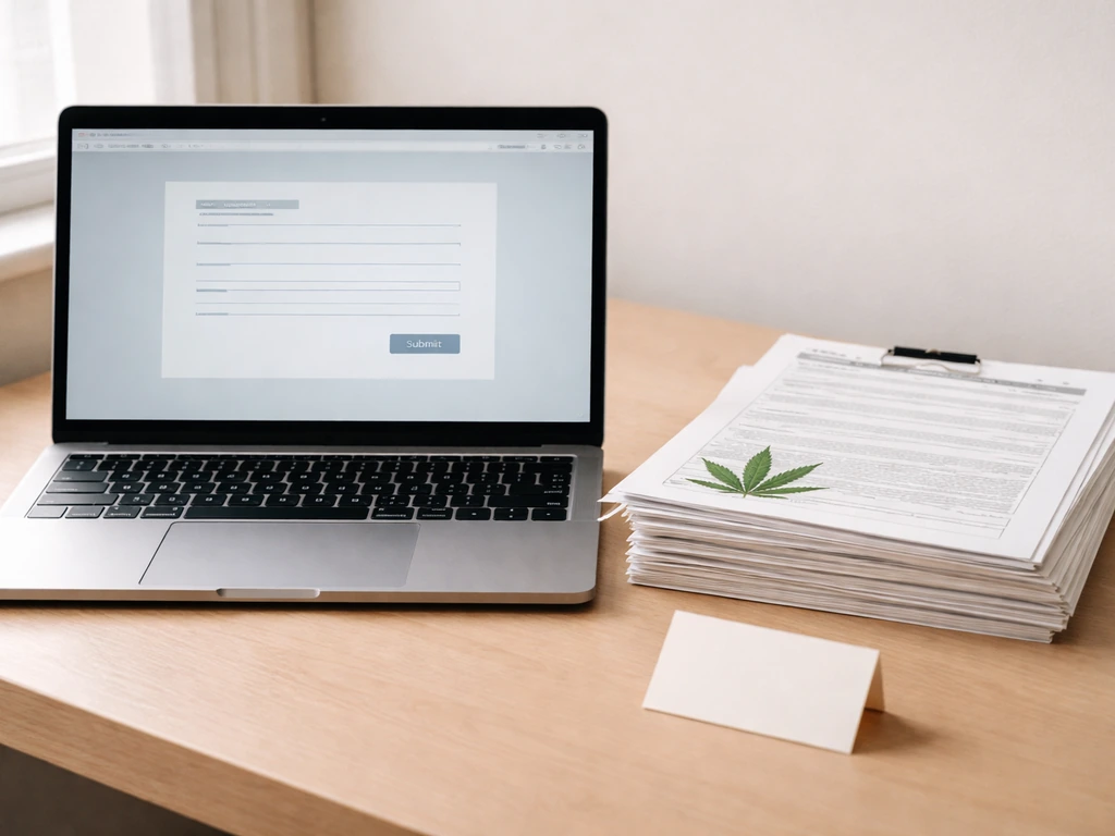 Laptop beside completed cannabis licensing forms and a small note card about fees and timelines