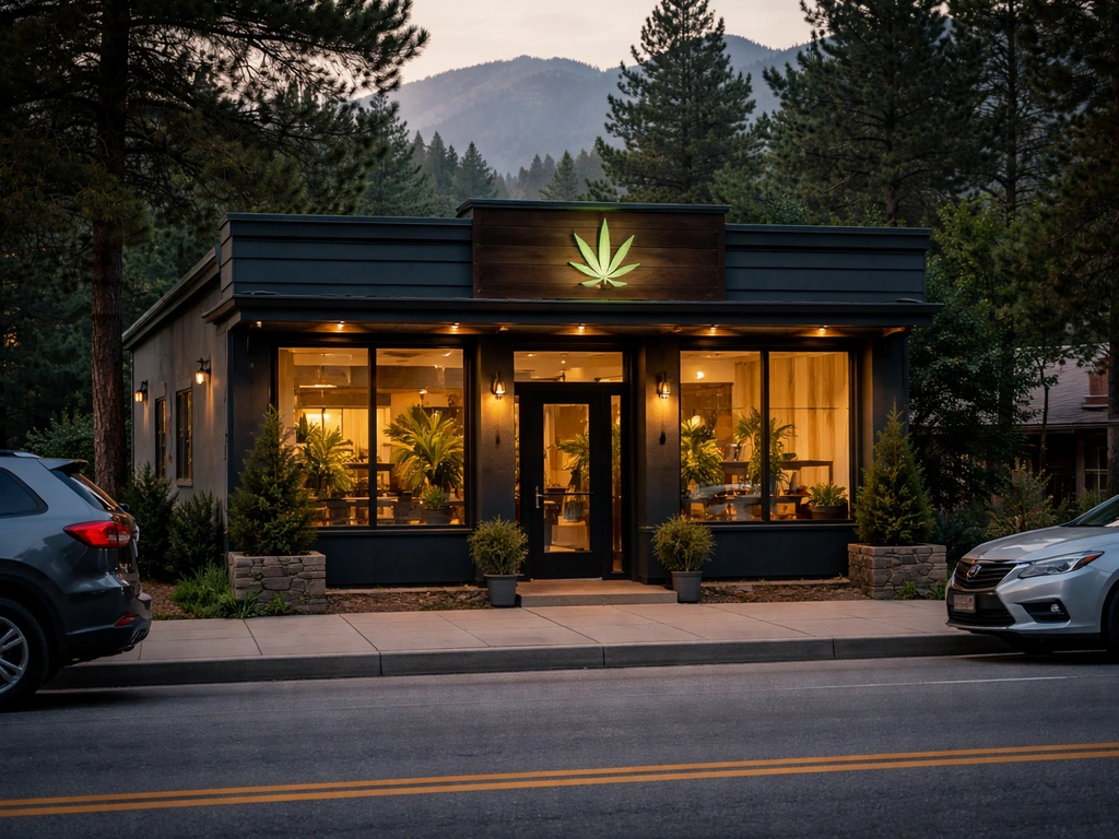 Exterior of a mountain-town cannabis dispensary storefront in Angel Fire with warm evening lighting