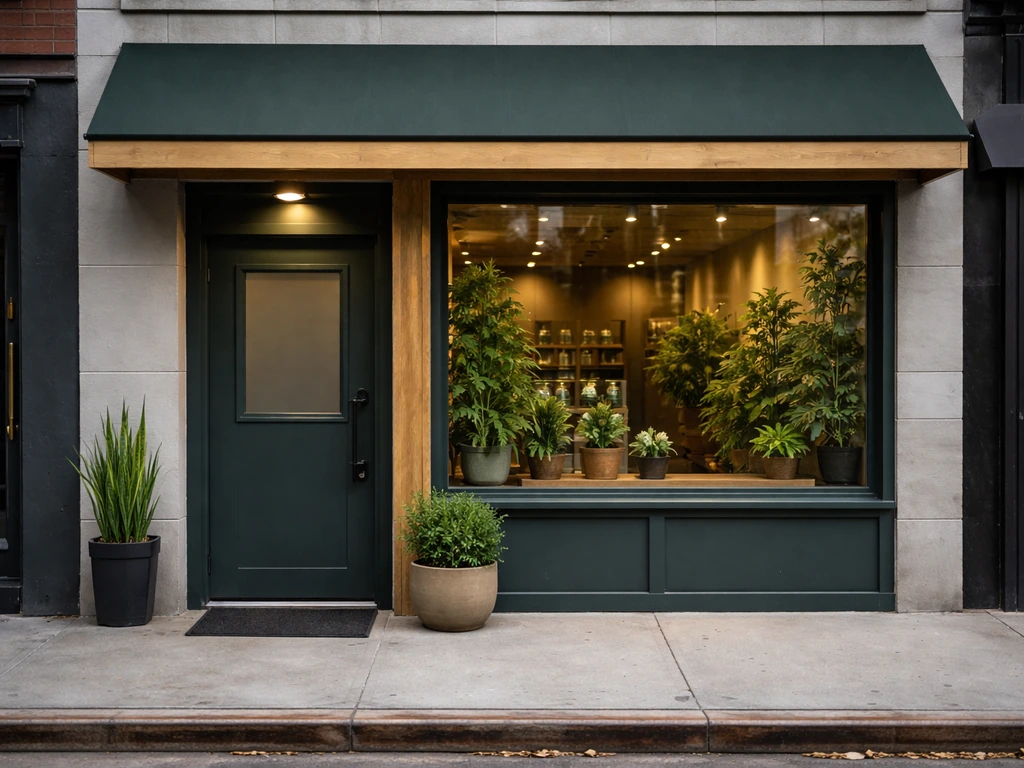 Street-level view of a cannabis dispensary storefront entrance with a clear location context