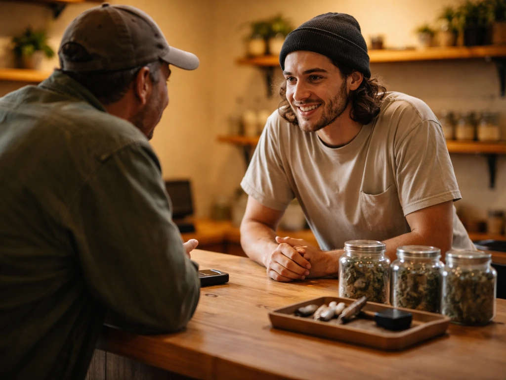 Budtender helping a customer at a small retail counter with a warm, hands-on feel.