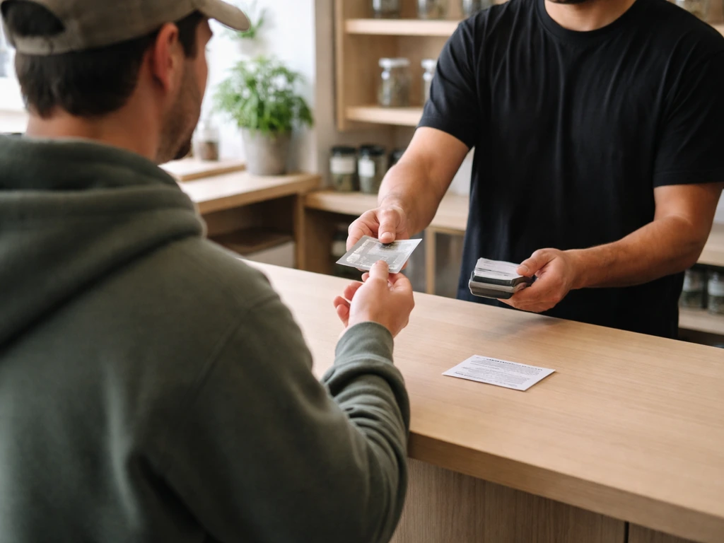 Anonymous customer shows ID at a dispensary counter while a clerk completes a compliant transaction.