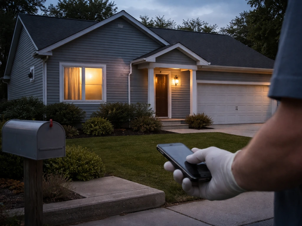 Home exterior with subtle grow indicators and a gloved hand holding a phone for safe reporting.