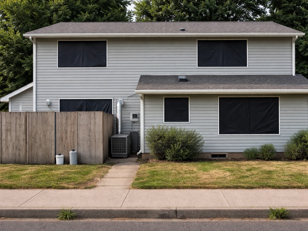 View from sidewalk of a house with blacked-out windows and covered exterior units suggesting hidden activity.