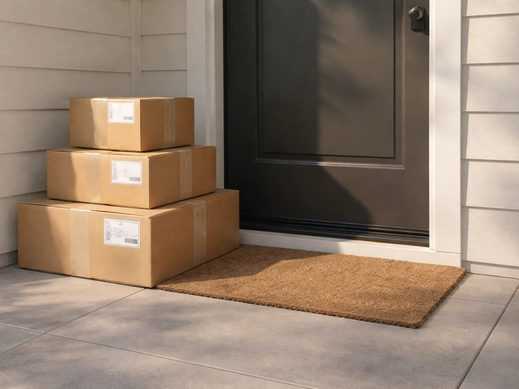 Stacked cardboard shipping boxes with shipping labels at a front entry, suggesting recurring large deliveries.