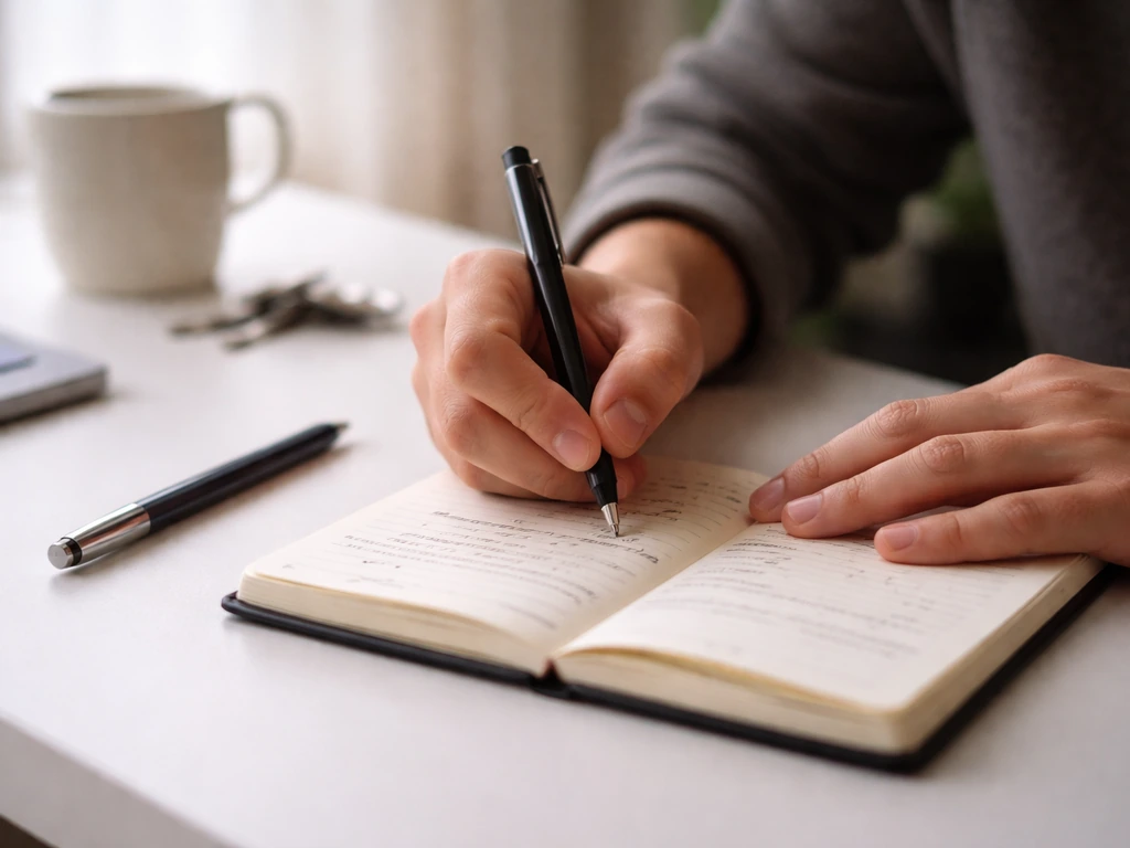 Close-up of anonymous note-taking on a desk with a pen, showing a simple dated observation log