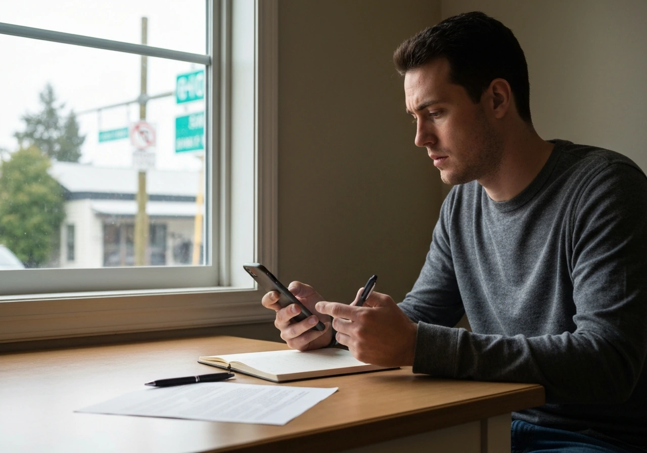 Person at home at a kitchen table taking cautious notes while using a phone to report a concern.