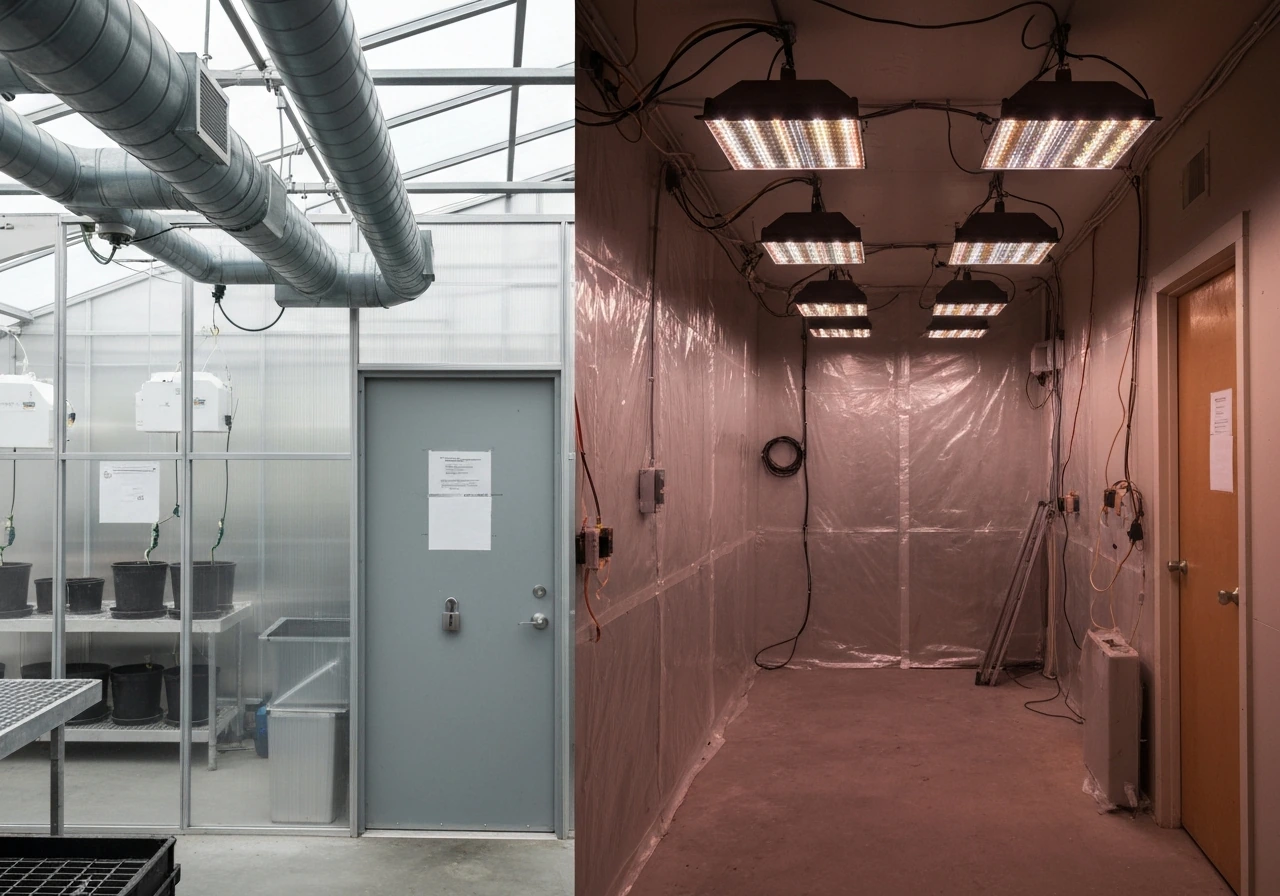 Split-feeling photo: tidy, regulated greenhouse controls beside a sealed, suspicious indoor grow-room scene cues.