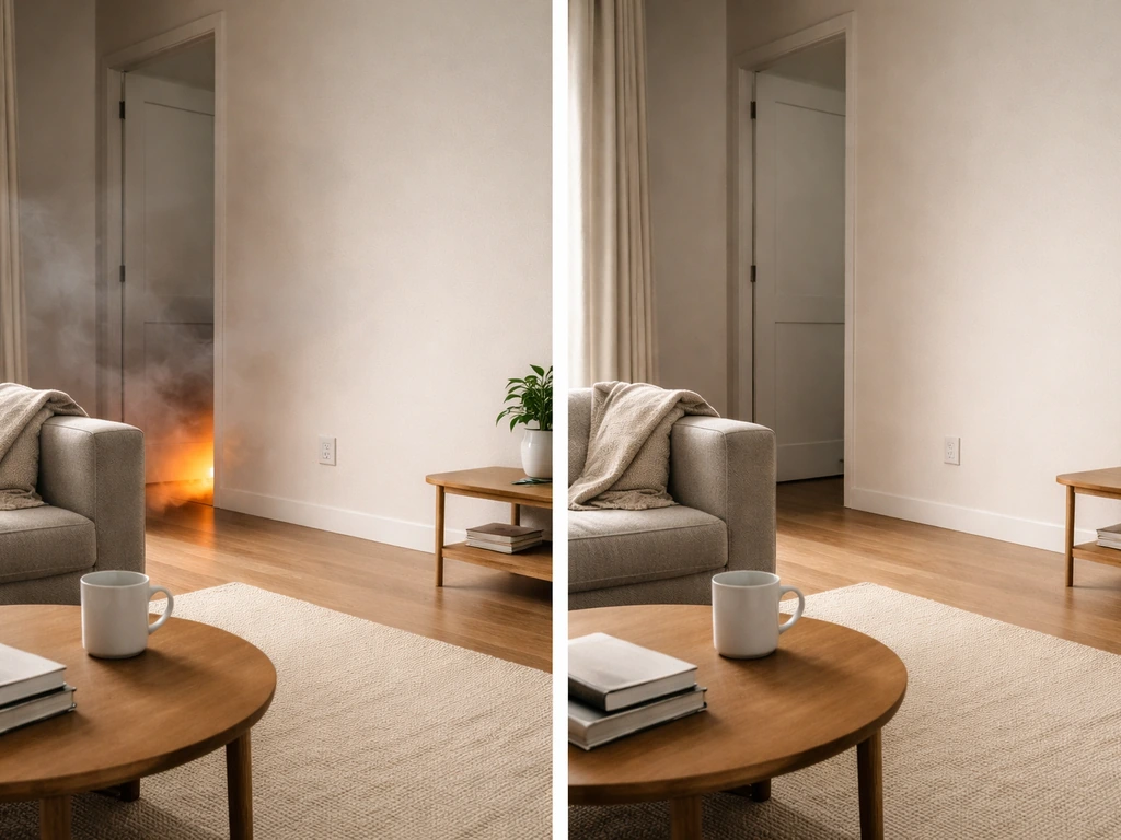 Minimal two-panel scene: one shows warning-like smoke haze, the other shows calm home interior for non-urgent concerns.