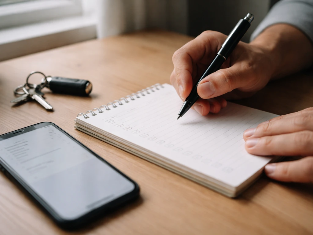Hands writing incident details on a notepad next to a phone before making a report call.