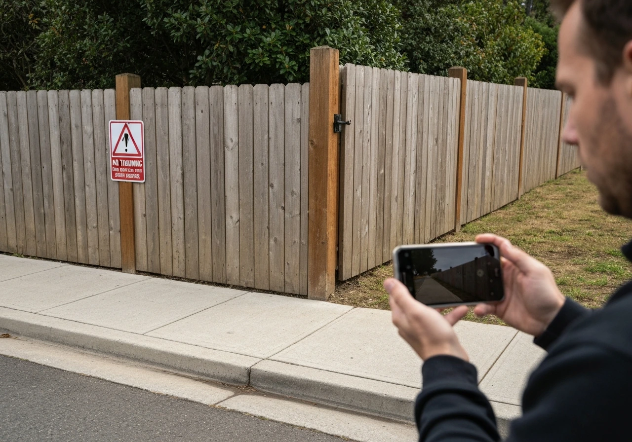Phone held from a public sidewalk near a fenced property boundary with a warning sign, implying avoid trespassing.
