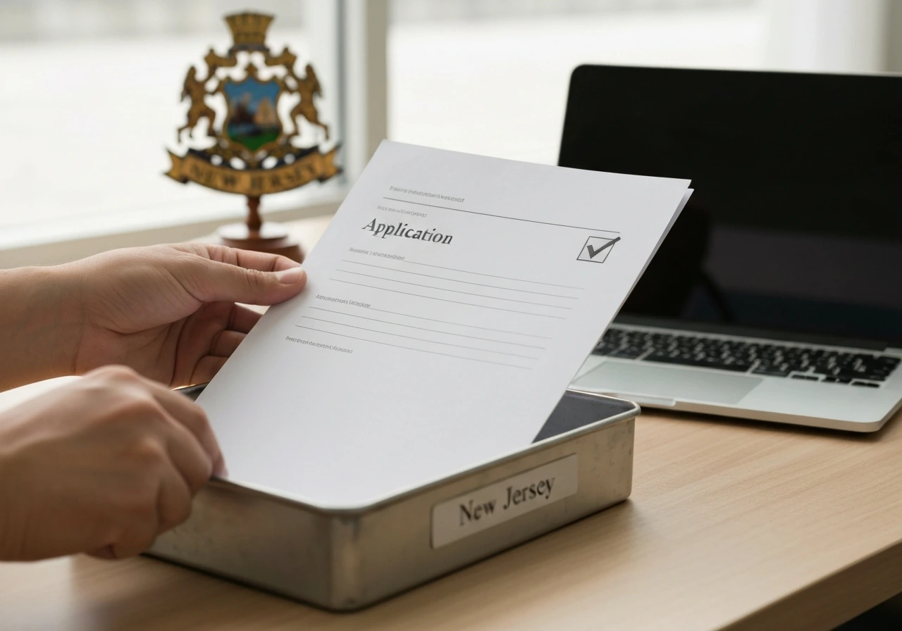 Hands place a completed license application folder into a New Jersey-themed tray, indicating submitted status